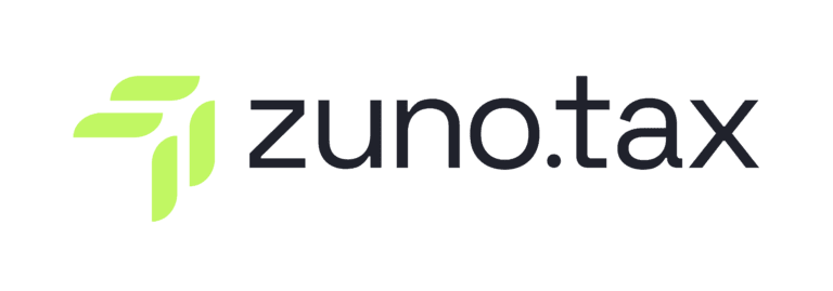 Logo von zuno.tax mit einem stilisierten grünen Symbol und dem Schriftzug in dunkler Farbe.